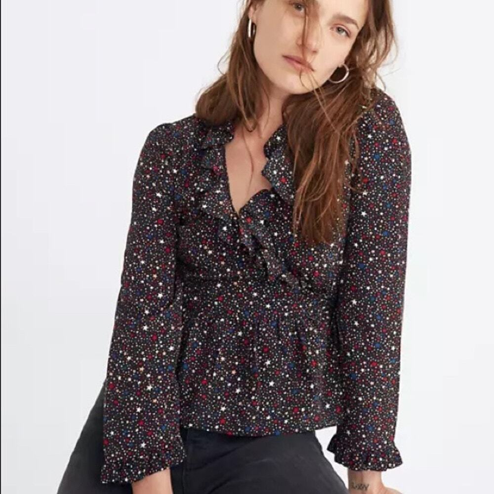 Madewell Silk Ruffle-Hem Wrap Top in Starry Night Size XXS
